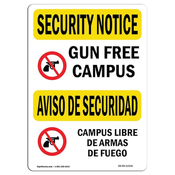 OSHA Security Sign, 3.5" Height, 5" Width, Gun Free Campus Bilingual, Landscape, 10PK
